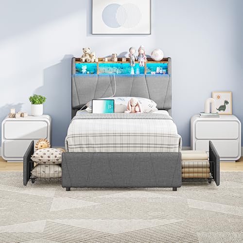 LIKIMIO Twin Bed Frame with 2 Storage Drawers, Charging Station & LED Lights, Upholstered Platform Twin Bed with Storage Headboard, Strong Wooden Slats, No Box Spring Needed, Easy Assembly, Grey LIKIMIO