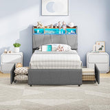 LIKIMIO Twin Bed Frame with 2 Storage Drawers, Charging Station & LED Lights, Upholstered Platform Twin Bed with Storage Headboard, Strong Wooden Slats, No Box Spring Needed, Easy Assembly, Grey LIKIMIO