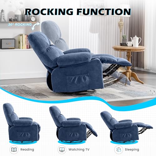 MAHOMICO Recliner Chair Oversized Swivel Rocker with Vibration Massage & Lumbar Heating, 360° Swivel, USB Charging Port, Cup Holders & Side Pocket for Living Room