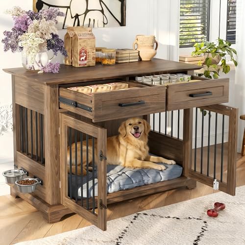Merax 44.48" Large Dog Crate Furniture with Rotating Dog Bowls, Wooden Dog Kennel Furniture as End Table with 2 Storage Drawers, Decorative Pet Cage Indoor Dog House for Medium Dogs, Brown Merax
