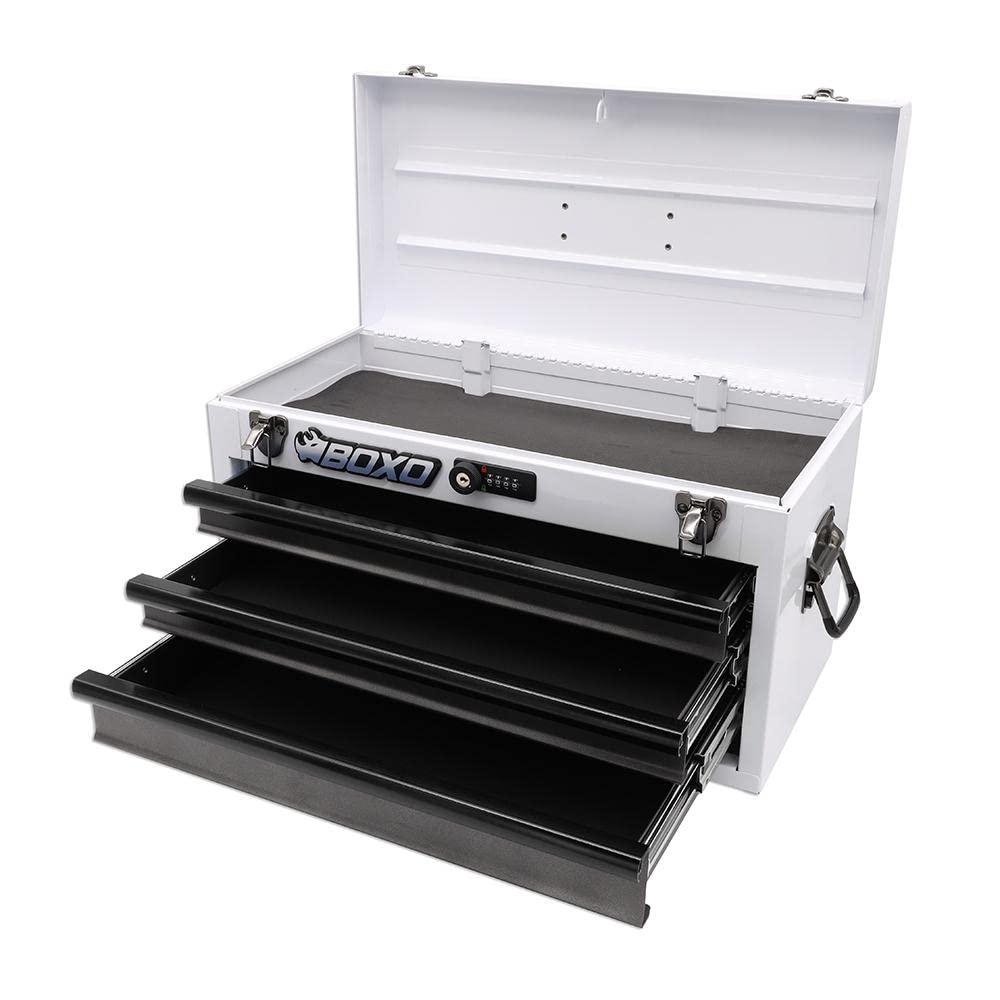 Boxo USA Hand Carry Tool Box 3-Drawer Heavy Duty Steel Toolbox with Lock System (White) - WoodArtSupply