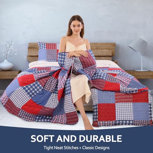 Jessy Home Plaid Quilt Set Twin Bedspread Coverlet Set Red Blue White Patchwork Twin Size Quilt Set Bedding Soft Lightweight Quilts Coverlet Country Reversible Quilt Bed Spread with 2 Pillow Shams Jessy Home