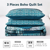 WONGS BEDDING Boho Queen Quilt Set, Blue Bohemian Queen Quilt Bedding Set, Lightweight Microfiber Bed Decor Bedspread for All Season 96"x90"(3 Pieces) WONGS BEDDING