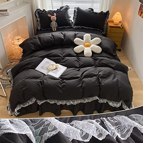MOOWOO Ruffle Duvet Cover Full Size - Cute Girl Lace Bedding Includes 1 Duvet Cover 90x90 Inches with Zipper Closure & 2 Pillow Shams, No Comforter - Black, Full MOOWOO
