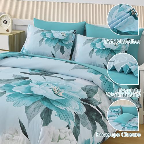 Dobuyly Floral Comforter Set Queen Size 7 Piece Bed in a Bag, Aqua Flowers Printed on Light Blue Comforter Set with Sheets, Soft Polyester Botanical Complete Bedding Set for All Season Dobuyly