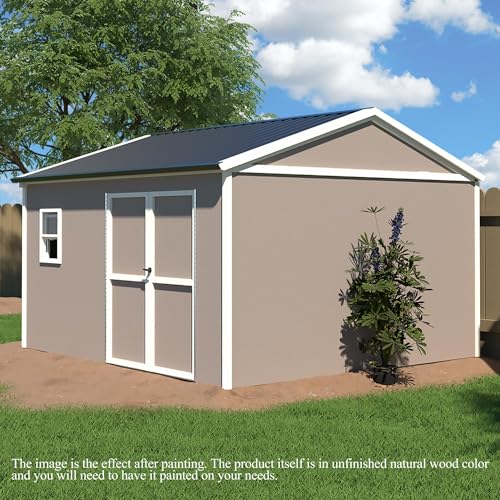 MUPATER 10 ft x 12 ft Outdoor Wood Shed with Metal Roof, Lean-to Storage shed Garden Furniture Tools with Lockable Door and Vents for Garden, Patio - WoodArtSupply