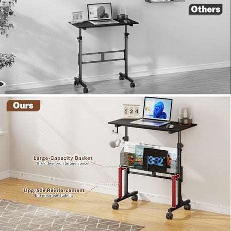 Height Adjustable Standing Desk With Storage, Small Stand Up Desk With wheels, Portable Rolling Desk for Home Office, Mobile Sit Stand Desk for Small Spaces, For Walking Pad Treadmill, Black Huxitocan