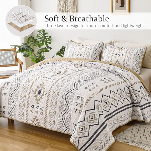 Drucon Boho King Size Aztec Quilt Set 3 Pieces Lightweight Fall Quilt Beddding Set, Soft Microfiber Bohemian Bedspread Coverlet Set with 2 Pillowcases for All Season (King, 104"x90") Drucon