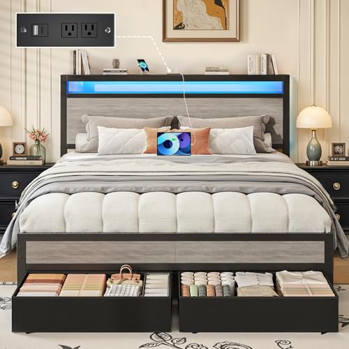 Fluest Queen Bed Frame,Queen Bed Frame with Storage Headboard & 2 Storage Drawer, Charging Station & LED Light, No Box Spring Needed, Noise Free, Easy Assembly, Rustic Grey Fluest