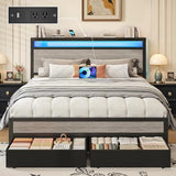 Fluest Queen Bed Frame,Queen Bed Frame with Storage Headboard & 2 Storage Drawer, Charging Station & LED Light, No Box Spring Needed, Noise Free, Easy Assembly, Rustic Grey Fluest