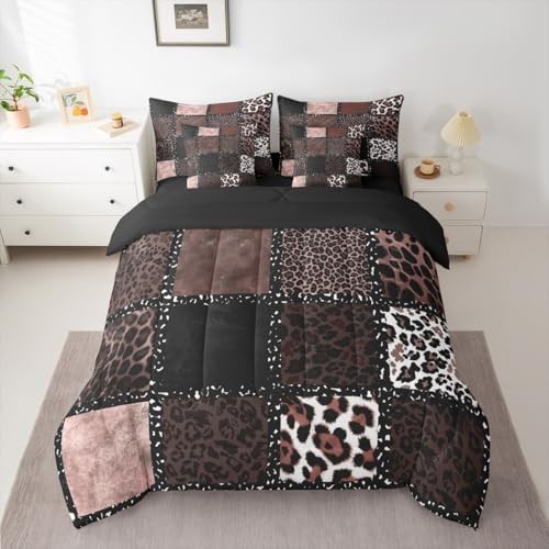 Brown Leopard Print 7 Pieces Bedding Set Queen Size,Animal Skin Texture Bed in a Bag,Patchwork Geometric Bed Set Includes Comforter,Sheet Set,Pillowcases & Pillow Covers,Farmhouse Bedroom Decor Erosebridal
