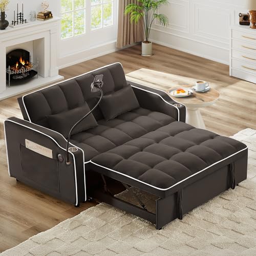 3-in-1 Convertible Loveseat Sleeper Sofa with Cup Holders & Phone Holder, Futon Couch with Pull Out Bed and Adjustable Backrest, Modern Velvet Chaise Lounge for Living Room Bedroom (Brown, 54.7") SLEERWAY