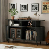 55” Mid Century Record Player Stand, Round Record Storage Cabinet with Charging Station, Turntable Stand Holds up to 300+ Albums, Large Vinyl Record Player Shelf for Media Stereo Audio, Black Quelthar