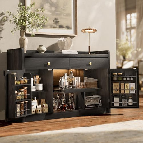 55" Buffet Cabinet with Storage, Kitchen Buffet Sideboard with Charging Station & LED Lights, Modern Wood Coffee Bar with Drawers & Door Rack, Large Accent Storage Cabinets with Adjustable Shelves STO'SENSE
