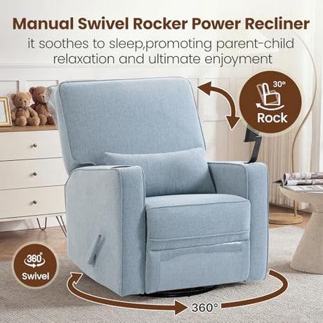 360° Swivel Rocker Recliner Chair with Adjustable Footrest, Rocking Chair Nursery with Phone Stand & Cup Holder,Manual Nursing Chair Glider Recliner Armchair for Adults, Living Room (Blue) FiveWillowise