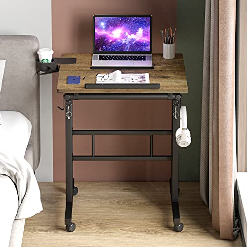 Klvied Rolling Mobile Desk with Cup Holder, Portable, Adjustable Height Small Stand up Desk on Wheels for Home Office Laptop Cart, Computer, Standing or Sitting,Oak Klvied