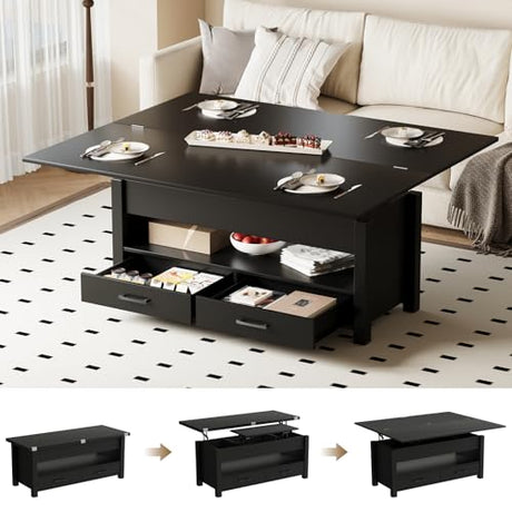 Garvee 40" Coffee Table Lift Top, Multi-Function Convertible Coffee Table with Drawers and Hidden Compartment, Converts to Dining Table for Living Room, Black Garvee