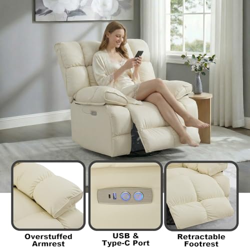 Govoya Oversized Pet-Friendly Leather Recliner Chair, Swivel Rocking Recliner Chair, Electric Adjustable Reclining, USB & Typle-C Charging Port, XXL Single Sofa for Living Room, Nursery, Cream White