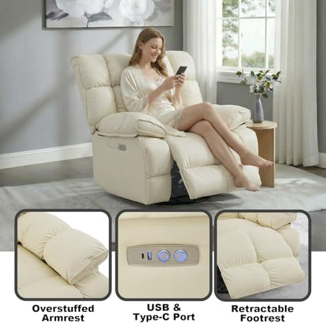 Govoya Oversized Pet-Friendly Leather Recliner Chair, Swivel Rocking Recliner Chair, Electric Adjustable Reclining, USB & Typle-C Charging Port, XXL Single Sofa for Living Room, Nursery, Cream White Govoya