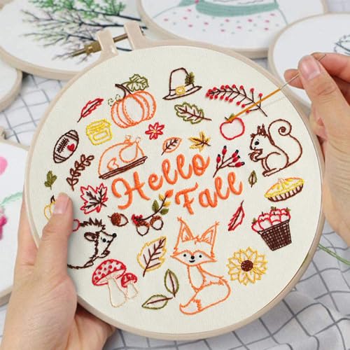 Louise Maelys Fall Embroidery Kits for Beginners,Cross Stitch kit for Adults,DIY Needlepoint for Starters,Including Cloth with Autumn Pattern,Hoop,Instruction and Threads