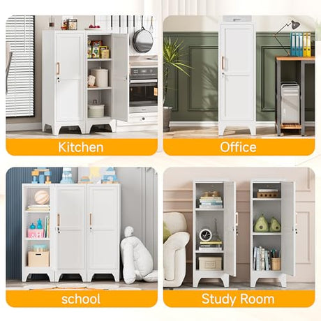 46"H White Metal Locker with 1 Lockable Door and 2 Adjustable Shelves For Employees,3 Tier Small Storage Cabinet with Detachable Legs and Vintage Handle for Kitchen, Office,School,Gym,Easy Assembly Firstsky