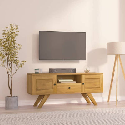 Fregramei Wooden TV Stand, Farmhouse TV Stand with 2 Doors, 1 Drawer and 1 Open Shelf, Entertainment Center with Storage, TV and Media Consol, 43.3"x11.8"x19.7" Solid Wood Teak,-322