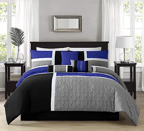 Chezmoi Collection Upland 7-Piece Quilted Patchwork Comforter Set, Blue/Black/Gray, Full Chezmoi Collection