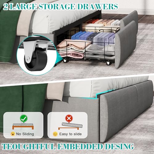 Full Bed Frame with 2 Storage Drawers, Platform Bed Frame Full Size with LED Light, Upholstered Headboard, Charging Station, Steel Slat Support, No Box Spring Needed, Noise-Free, Easy Assembly, Gray Doltoro