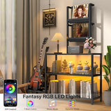 kepptory Tall Record Player Stand with LED Lights, Display Shelf Bookshelf with Guitar Stand, Floor Lamp with Shelves, Vinyl Holder and Adjustable Stand, for Living Room Bedroom(Black) kepptory