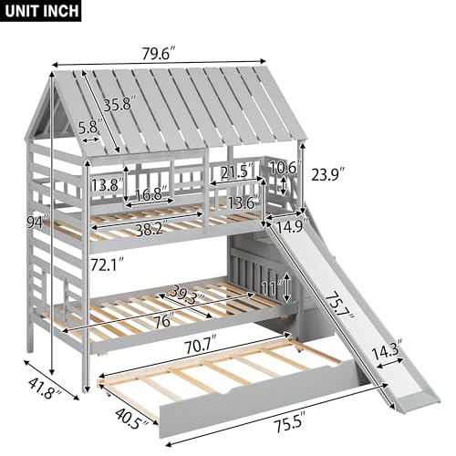 Harper & Bright Designs Twin Over Twin Wood Bunk Bed with Trundle and Staircase, Solid Wood Bunk Bed Frame with Storage, Playhouse Bunk Bed with Roof and Window for Kids, Gray Harper & Bright Designs
