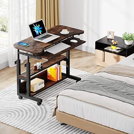 Tribesigns Portable Desk with Power Outlets, Height Adjustable Side Table Sofa Couch Bedside Laptop Computer Cart with USB Charging Ports, Mobile Small Standing Desk with Keyboard Tray Tribesigns