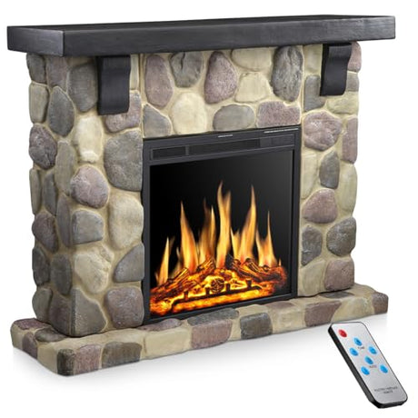 Electactic 50" Electric Fireplace TV Stand, Fireplace with Faux Stone-Look Mantel, Realistic 3D Flame Effect, 7 Brightness, 750W/1500W Dual Heat Settings, Remote Control for Living Room/Bedroom(Round) Electactic