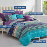 Cottolester Boho Comforter Set King Size 8 Piece Bed in a Bag Bohemian Striped Bedding Quilt Set Aqua Paisley Floral Comforter and Sheet Set,Soft Microfiber Complete Bedding Sets for All Season Cottolester