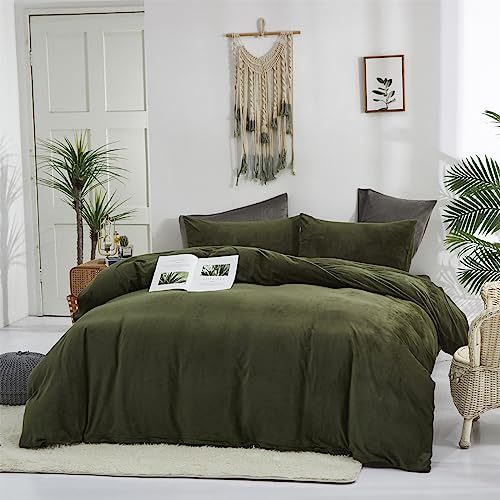 Luxlovery Army Green Velvet Comforter Set Queen Dark Green Flannel Bedding Comforter Blackish Green Minimalist Bedding Set Thick Soft Breathable Blanket Quilts Modern Winter Comforter for Women Men Luxlovery