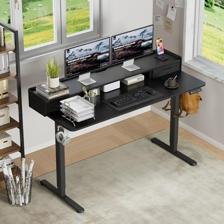 Furmax Electric Standing Desk with Drawers, Stand Up Desk with Storage Shelf Height Adjustable Computer Desk with Organizer for Home Office Ergonomic (Black, 55 Inch) Furmax