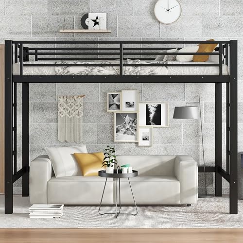 Metal Twin XL Size Loft Bed,Heavy Duty Loft Bed Frame Twin XL Size with 2 Ladders and Full Length Guardrails for Kids, Teens, Adults, Noise-Reducing,Space-Saving,Black Bellemave