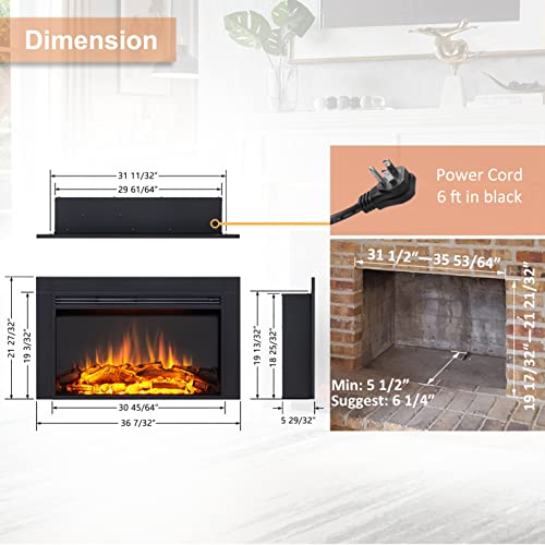LegendFlame Jaden 36" W x 22" H (EF376) Electric Fireplace Insert with Front Trim Kit, Fire Crackling Sound, 750W/1500W Heater, Remote Control Legend Flame