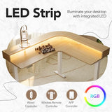 HUANUO U-Shape Standing Desk with LED Strip & Power Outrlets, 2-Tier Height Adjustable Sit Stand up Gaming Desk with Power Strip Holder, Large Computer Table for Home Office, Light Walnut HUANUO