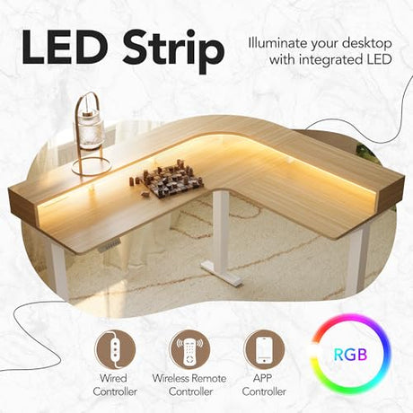 HUANUO U-Shape Standing Desk with LED Strip & Power Outrlets, 2-Tier Height Adjustable Sit Stand up Gaming Desk with Power Strip Holder, Large Computer Table for Home Office, Light Walnut HUANUO