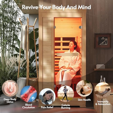 ENSTVER Infrared Wood Sauna 6.4Ft 1-2 Person, Luxury Full Spectrum Far Infrared Sauna Features Low EMF 1745w 7-Light Dynamic & Music Speakers, Canadian Hemlock Dry Indoor Saunas for Home & Gym ENSTVER