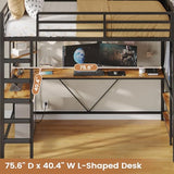 VIAGDO Loft Bed Twin Size with Hall Tree, Charging Station and LED Lights, Metal Loft Bed with L-Shaped Desk, 5 Storage Drawers, Heavy Duty Twin Size Bed with Stairs, No Box Spring Needed, Black VIAGDO