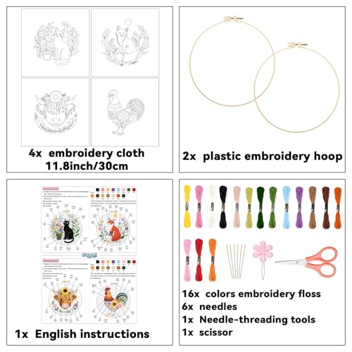 ORIGACH 4 Pcs Flower and Animal Embroidery Kit for Beginners, Stamped Design Embroidery Starter Kit Includes Cloth, Hoops, Threads & Needles