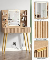 Zeibospri 29.5" Small Makeup Vanity with Adjustable Light Mirror, Fluted Vanity Table with 2 Drawer & 4 Open Storage Shelf, 3 Light Modes and Brightness, for Woman and Girls, Bedroom,Natural Oak Zeibospri