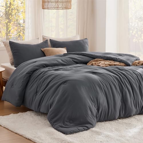 Bedsure Queen Comforter Set Dark Grey, Soft Prewashed Queen Size Bedding, Quilted Comforter with Circle Design, Down Alternative Comforter for All Seasons, 3 Pieces Bed Set with 2 Pillow Shams Bedsure