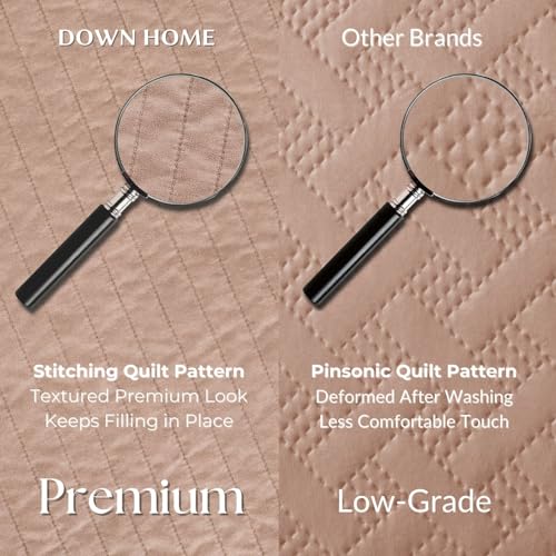 DOWN HOME King Quilt Bedding Set with Shams, Vintage Washed Soft Quilted Blanket Thin Comforter Lightweight Bedspread Coverlet Bed Cover, Brushed Microfiber Stripe Stitching, Desert Blush, 104"x90" DOWN HOME