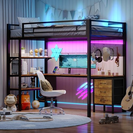 BTHFST Loft Bed Twin Size with L-Shape Desk & RGB LED Lights & Charging Station, Twin Bunk Bed with Fabric Drawers & Shlves, 13.4'' H Safety Guardrail, Noise Free, No Box Spring Needed BTHFST