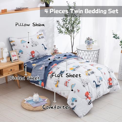 DJY Cotton Twin Bedding Set, Dinosaur Cars Reversible Twin Comforter Set for Kids Boys Girls, 4 Pieces Bed in a Bag Includes Quilted Comforter, Flat Sheet, Fitted Sheet and Pillowcase DJY