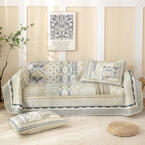 WONGS BEDDING Boho Quilt Set Queen, 3 Pieces Beige Patchwork Bedspread Coverlet Set,Soft Lightweight Microfiber Bohemian Floral Pattern Bedding Set for All Season (96"X90") WONGS BEDDING