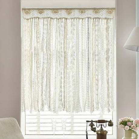 Crochet Boho Curtains With Lace Trim Ribbon Hand Made Lace Window Topper Farmhouse Kitchen Curtains 45 Inch Length,Cottagecore Bathroom Curtains Ceremony Party Home Window Decorations Ivory/Cream YJ YANJUN