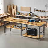 96” Adjustable Work Bench, 2-Layer Heavy Duty Workbench, 6000 LBS Capacity Workbench with Pegboard & Power Outlet, Rubber Wood Work Table for Garage, Office, Workshop, Home FIXCHIGO